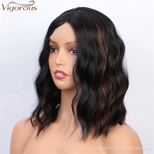 Vigorous Cheap Top Quality Short Wavy Synthetic Middle Part Lace Wigs Heat Resistant Wholesale Price Wigs For black White Women